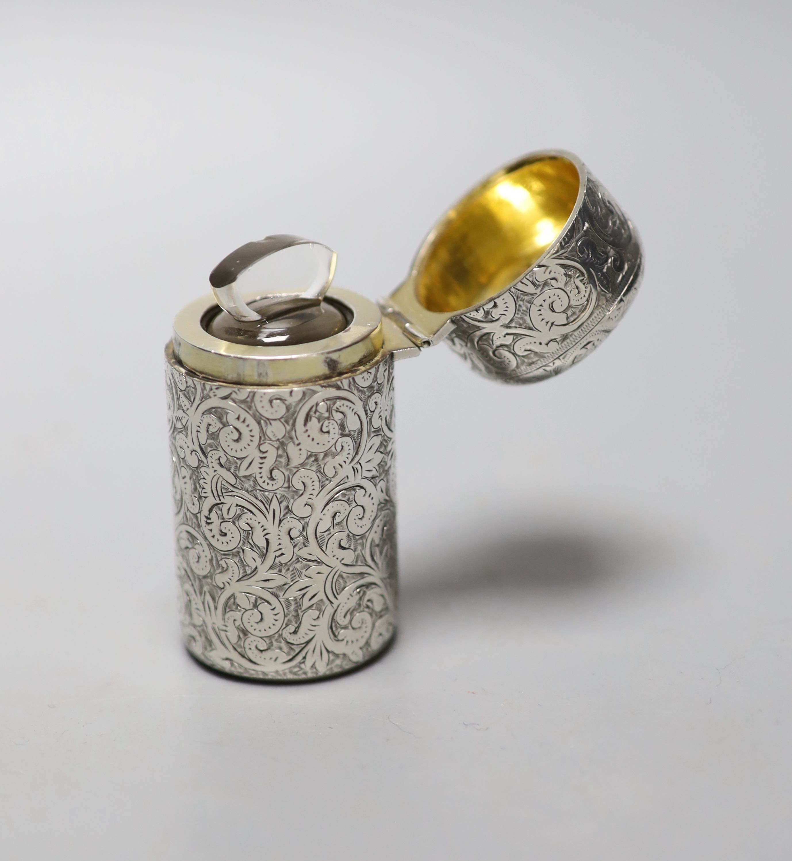 An early 19th century engraved sterling scent bottle, D&Co?, with engraved monogram, 69mm.